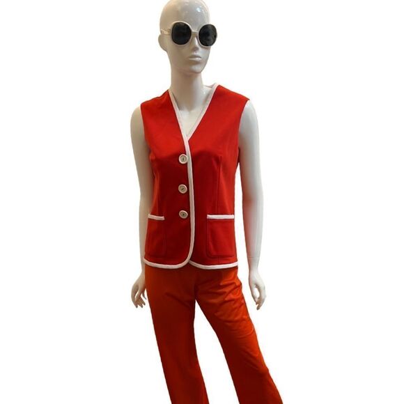 Groovy Vintage 1960s Mod Contrast Trim Big Button Front Pocket Vest - Picture 1 of 7